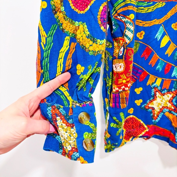 FARM RIO Blue Folk Party linen romper - Picture 4 of 10